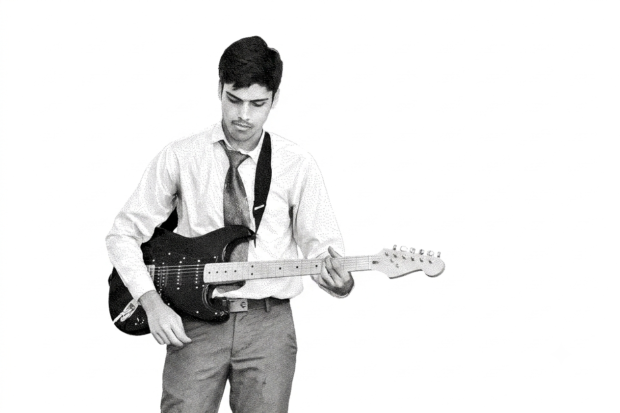 Shashwat playing an electric guitar